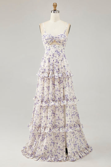 Lila Blomma Tryckt En Linje Utskuren Bröllop Gäst Klänning Med Slits